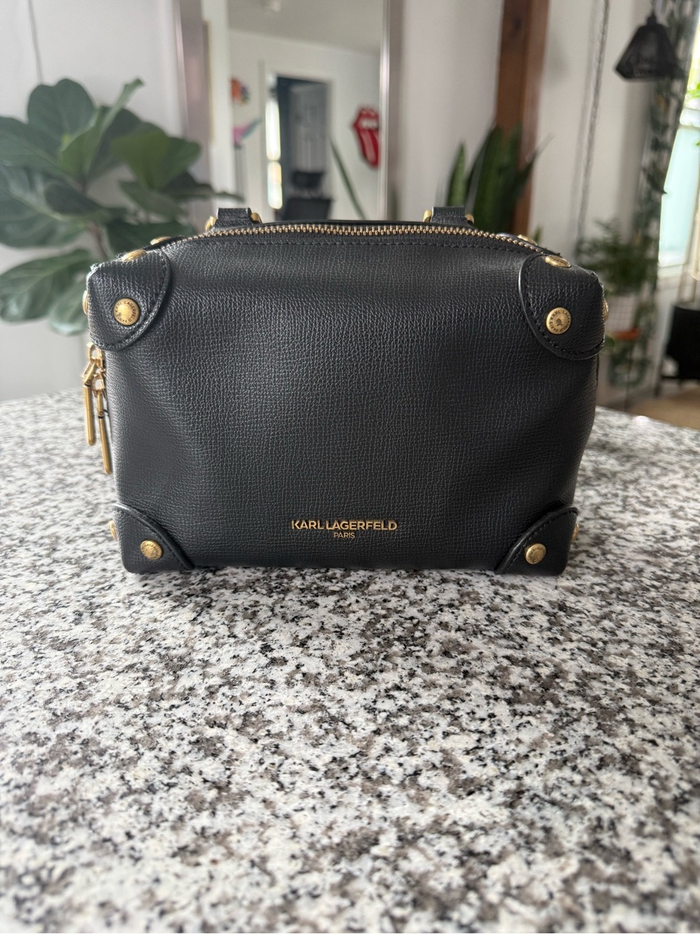 Karl Lagerfeld Black Textured Leather Crossbody Camera Bag with Gold Hardware